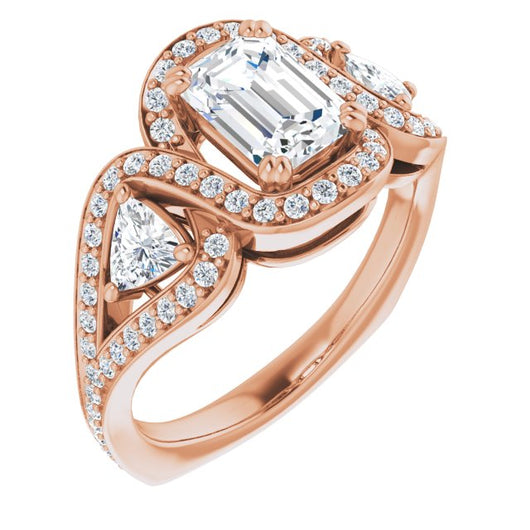 10K Rose Gold Customizable Emerald/Radiant Cut Center with Twin Trillion Accents, Twisting Shared Prong Split Band, and Halo