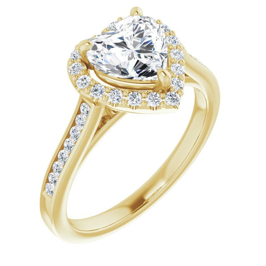 10K Yellow Gold Customizable Heart Cut Design with Halo, Round Channel Band and Floating Peekaboo Accents