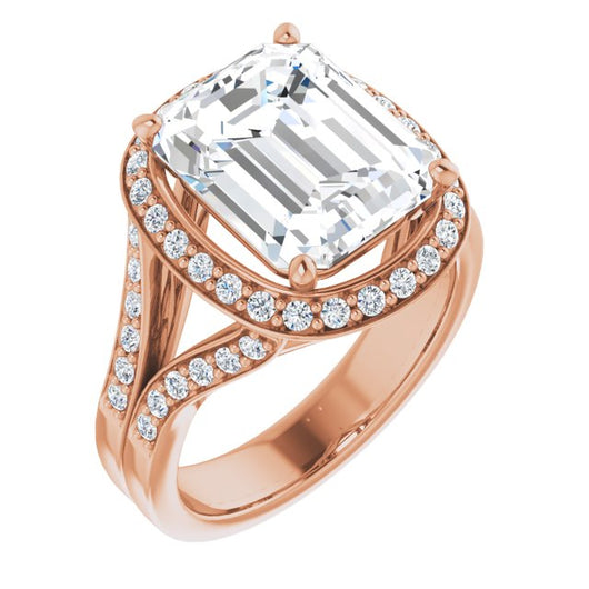 10K Rose Gold Customizable Emerald/Radiant Cut Halo Style with Accented Split-Band