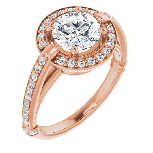 10K Rose Gold Customizable High-Cathedral Round Cut Design with Halo and Shared Prong Band