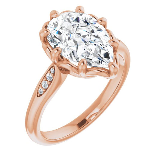 10K Rose Gold Customizable 9-stone Pear Cut Design with 8-prong Decorative Basket & Round Cut Side Stones