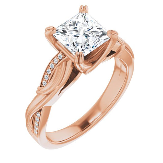 10K Rose Gold Customizable Cathedral-raised Princess/Square Cut Design featuring Rope-Braided Half-Pavé Band