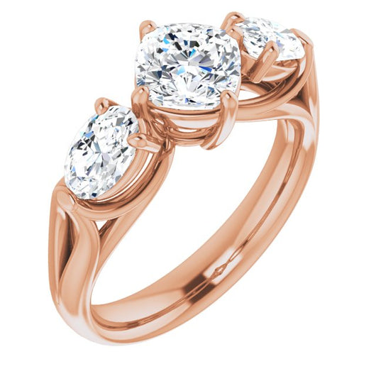 10K Rose Gold Customizable Cathedral-set 3-stone Cushion Cut Style with Dual Oval Cut Accents & Wide Split Band