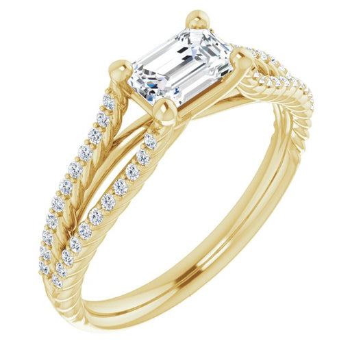 10K Yellow Gold Customizable Emerald/Radiant Cut Style with Split Band and Rope-Pavé