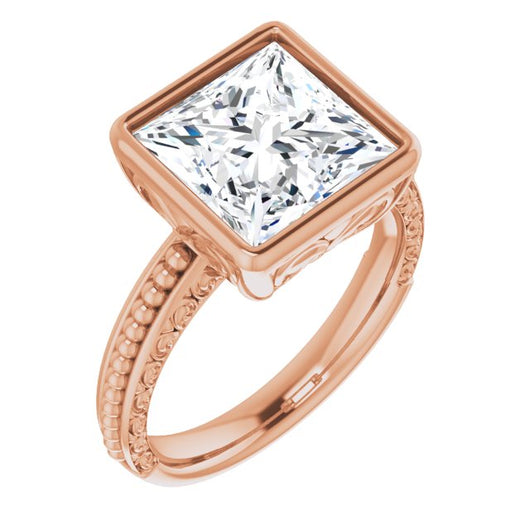 10K Rose Gold Customizable Bezel-set Princess/Square Cut Solitaire with Beaded and Carved Three-sided Band