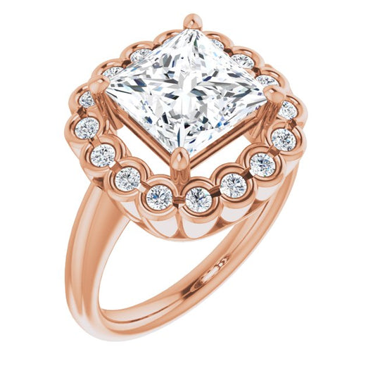 10K Rose Gold Customizable 13-stone Princess/Square Cut Design with Floral-Halo Round Bezel Accents