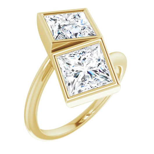 10K Yellow Gold Customizable 2-stone Double Bezel Princess/Square Cut Design with Artisan Bypass Band