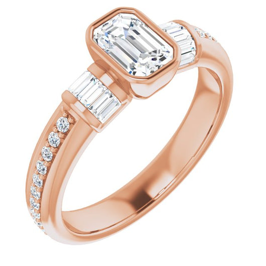 10K Rose Gold Customizable Cathedral-Bezel Emerald/Radiant Cut Style with Horizontal Baguettes & Shared Prong Band