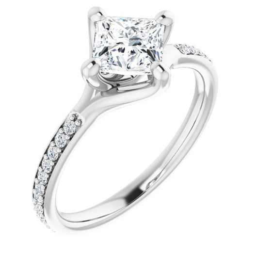 10K White Gold Customizable Princess/Square Cut Design featuring Thin Band and Shared-Prong Round Accents