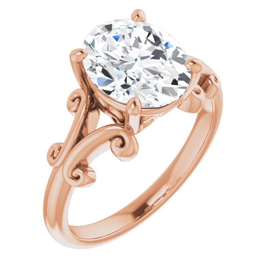 10K Rose Gold Customizable Oval Cut Solitaire with Band Flourish and Decorative Trellis