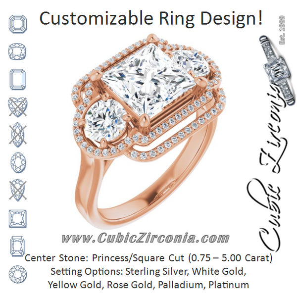 Cubic Zirconia Engagement Ring- The Fritzie (Customizable Cathedral-set Enhanced 3-stone Princess/Square Cut Design with Multidirectional Halo)