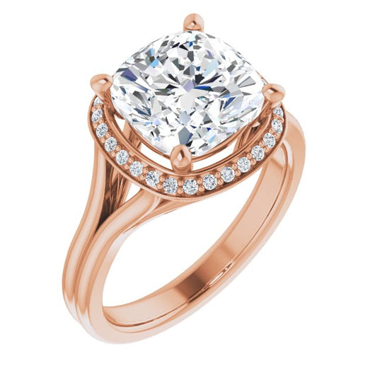 10K Rose Gold Customizable Cathedral-set Cushion Cut Design with Split-band & Halo Accents