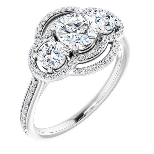 10K White Gold Customizable Enhanced 3-stone Double-Halo Style with Round Cut Center and Thin Band