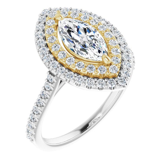 14K White & Yellow Gold Customizable Double-Halo Marquise Cut Design with Accented Split Band