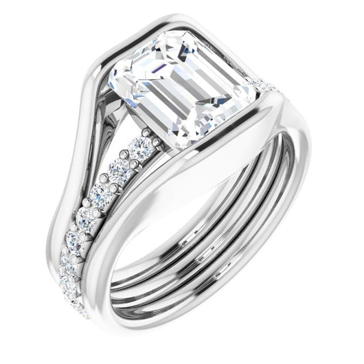 10K White Gold Customizable Bezel-set Emerald/Radiant Cut Style with Thick Pavé Band