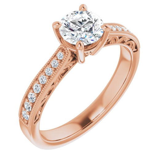 10K Rose Gold Customizable Round Cut Design with Round Band Accents and Three-sided Filigree Engraving