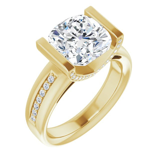 10K Yellow Gold Customizable Cathedral-Bar Cushion Cut Design featuring Shared Prong Band and Prong Accents