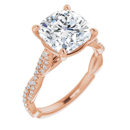 10K Rose Gold Customizable Cushion Cut Style with Thin and Twisted Micropavé Band