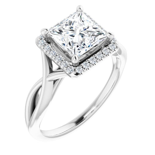 10K White Gold Customizable Cathedral-Halo Princess/Square Cut Design with Twisting Split Band