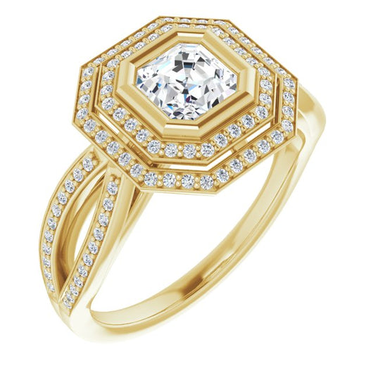 10K Yellow Gold Customizable Bezel-set Asscher Cut Style with Double Halo and Split Shared Prong Band