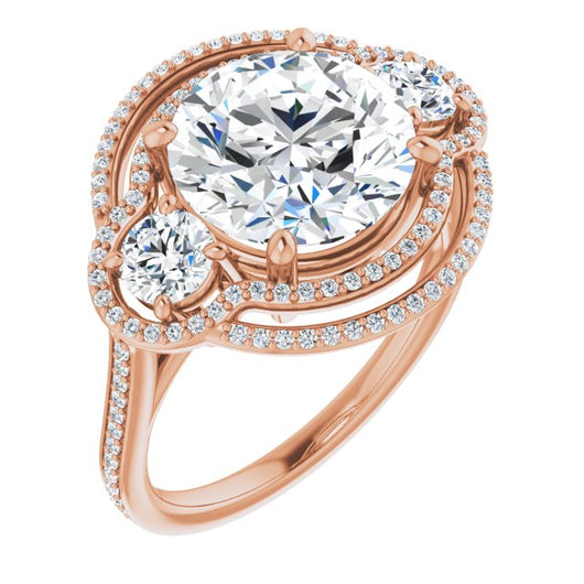 10K Rose Gold Customizable Enhanced 3-stone Double-Halo Style with Round Cut Center and Thin Band