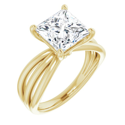 10K Yellow Gold Customizable Princess/Square Cut Solitaire Design with Wide, Ribboned Split-band