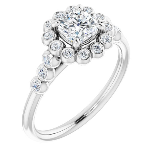 10K White Gold Customizable Cushion Cut Cathedral-Style Clustered Halo Design with Round Bezel Accents