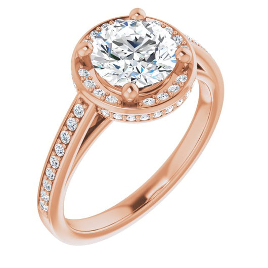 10K Rose Gold Customizable Cathedral-Halo Round Cut Design with Under-halo & Shared Prong Band