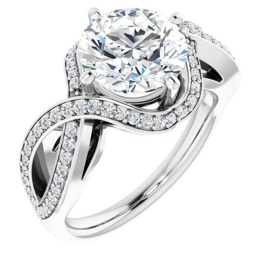 14K White Gold Customizable Round Cut Design with Twisting, Infinity-Shared Prong Split Band and Bypass Semi-Halo