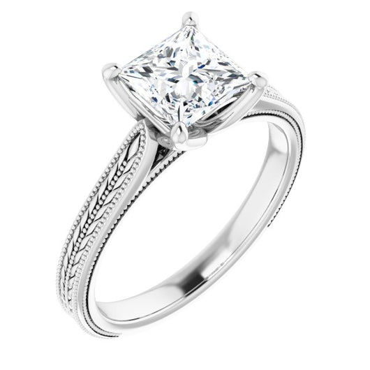 10K White Gold Customizable Princess/Square Cut Solitaire with Wheat-inspired Band 