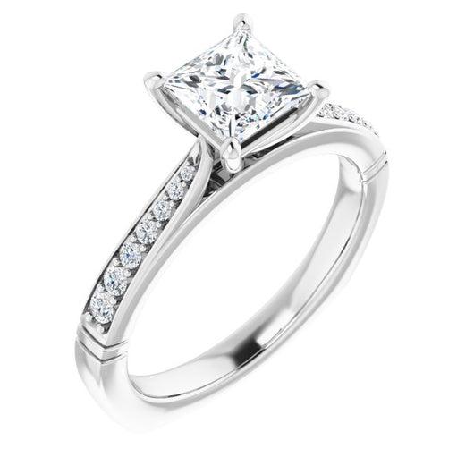 10K White Gold Customizable Princess/Square Cut Design with Tapered Euro Shank and Graduated Band Accents