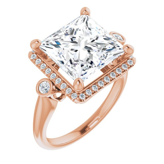 10K Rose Gold Customizable Princess/Square Cut Style with Halo and Twin Round Bezel Accents