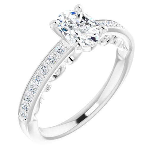 10K White Gold Customizable Oval Cut Design featuring 3-Sided Infinity Trellis and Round-Channel Accented Band