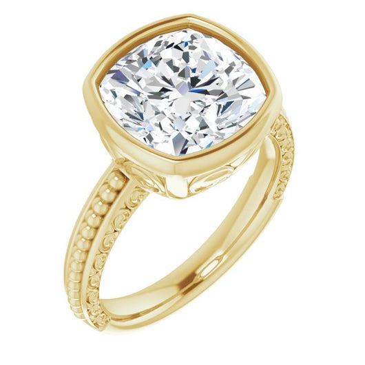 10K Yellow Gold Customizable Bezel-set Cushion Cut Solitaire with Beaded and Carved Three-sided Band