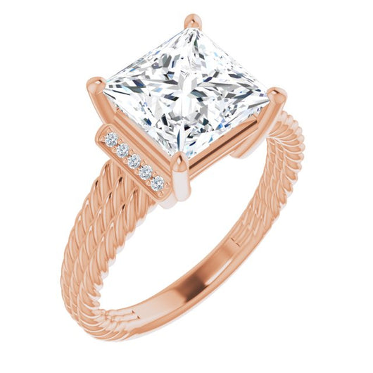 10K Rose Gold Customizable 11-stone Design featuring Princess/Square Cut Center, Vertical Round-Channel Accents & Wide Triple-Rope Band