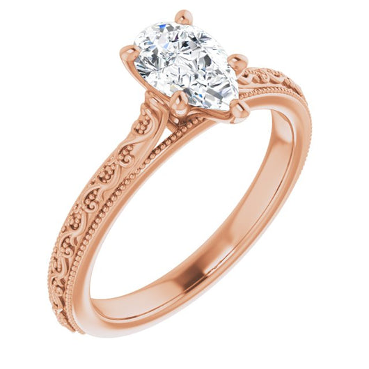 10K Rose Gold Customizable Pear Cut Solitaire with Delicate Milgrain Filigree Band