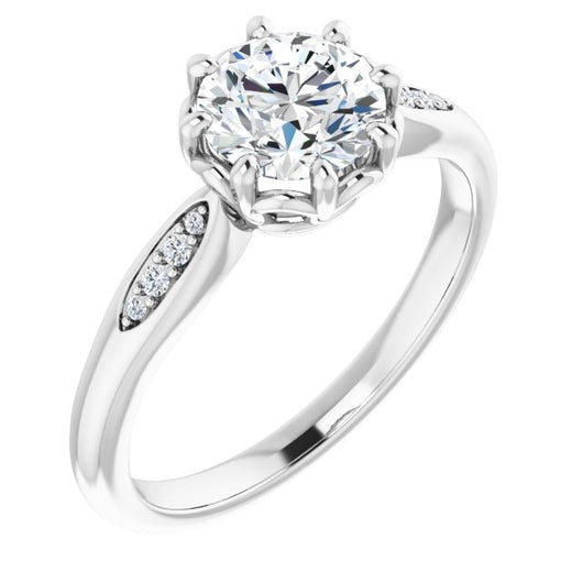 10K White Gold Customizable 9-stone Round Cut Design with 8-prong Decorative Basket & Round Cut Side Stones