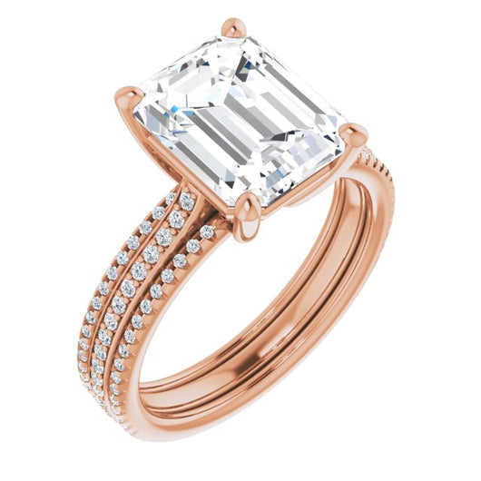 10K Rose Gold Customizable Emerald/Radiant Cut Center with Wide Pavé Accented Band