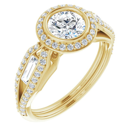 10K Yellow Gold Customizable Cathedral-Bezel Round Cut Design with Halo, Split-Pavé Band & Channel Baguettes