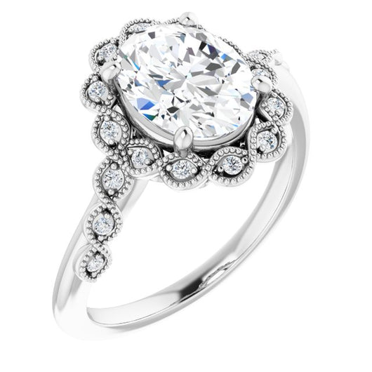 10K White Gold Customizable 3-stone Design with Oval Cut Center and Halo Enhancement