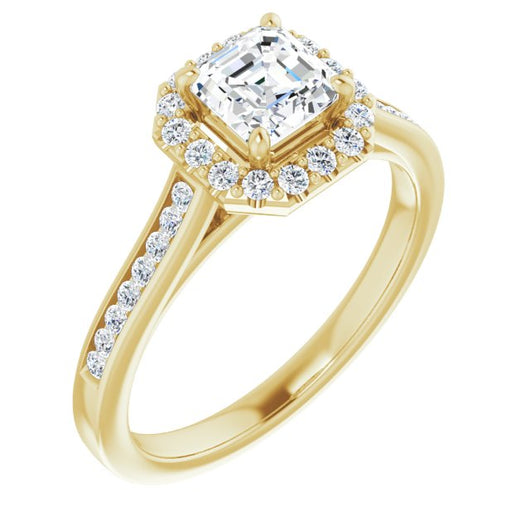 10K Yellow Gold Customizable Asscher Cut Design with Halo, Round Channel Band and Floating Peekaboo Accents