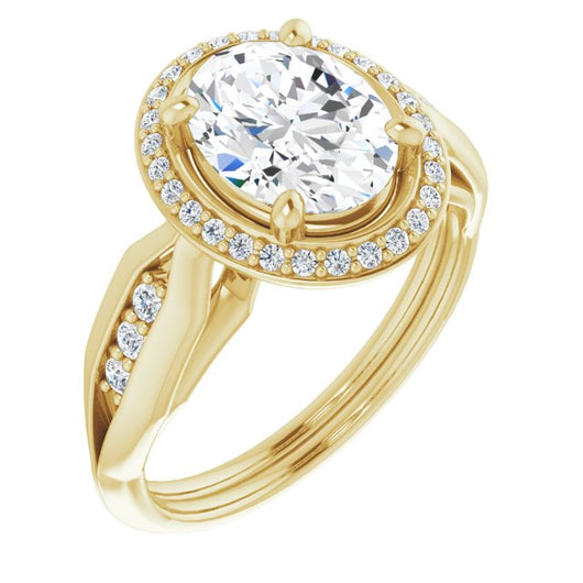 10K Yellow Gold Customizable Cathedral-raised Oval Cut Design with Halo and Tri-Cluster Band Accents