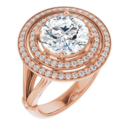 10K Rose Gold Customizable Cathedral-set Round Cut Design with Double Halo, Wide Split Band and Side Knuckle Accents