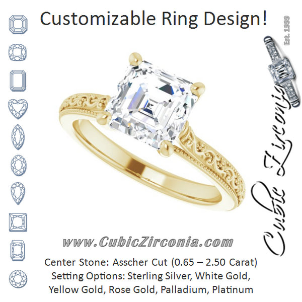 Cubic Zirconia Engagement Ring- The Conchita (Customizable Asscher Cut Solitaire with Delicate Milgrain Filigree Band)