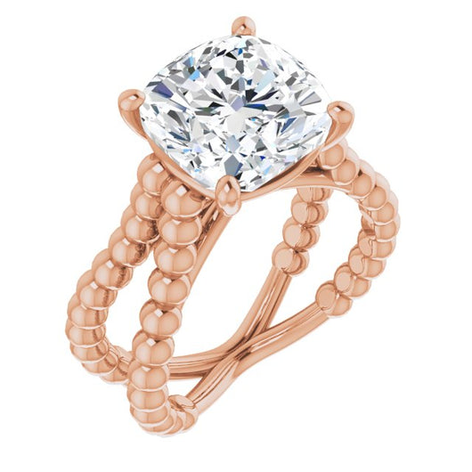 10K Rose Gold Customizable Cushion Cut Solitaire with Wide Beaded Split-Band