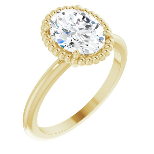 10K Yellow Gold Customizable Oval Cut Solitaire with Beaded Metallic Milgrain