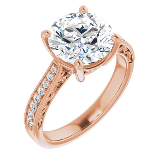 10K Rose Gold Customizable Round Cut Design with Round Band Accents and Three-sided Filigree Engraving