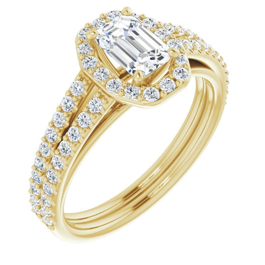 10K Yellow Gold Customizable Cathedral Emerald/Radiant Cut Design with Geometric Halo & Split Pavé Band