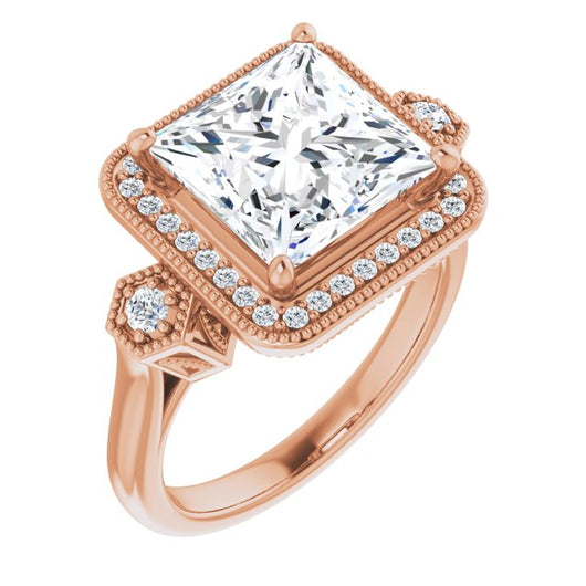 10K Rose Gold Customizable Cathedral Princess/Square Cut Design with Halo and Delicate Milgrain