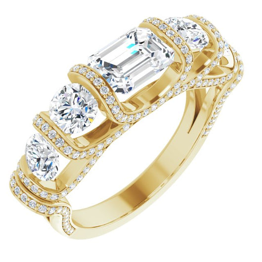 10K Yellow Gold Customizable Bar-set Emerald/Radiant Cut 5-stone Design Plus Grandiose Pavé Accents